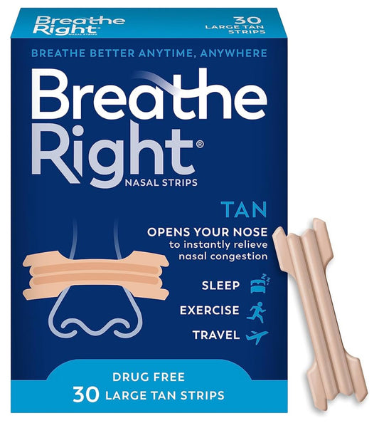 Breathe Right Original Nose Strips to Reduce Snoring and Relieve Nose Congestion, Tan, 30 Count (Packaging May Vary)