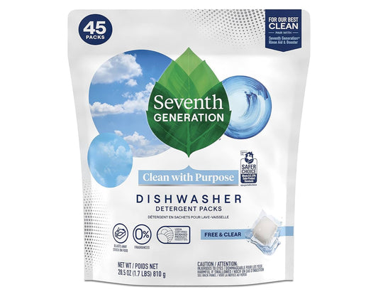 Seventh Generation Dishwasher Detergent Packs for Sparkling Dishes Free & Clear Dishwasher Tabs 45 Count