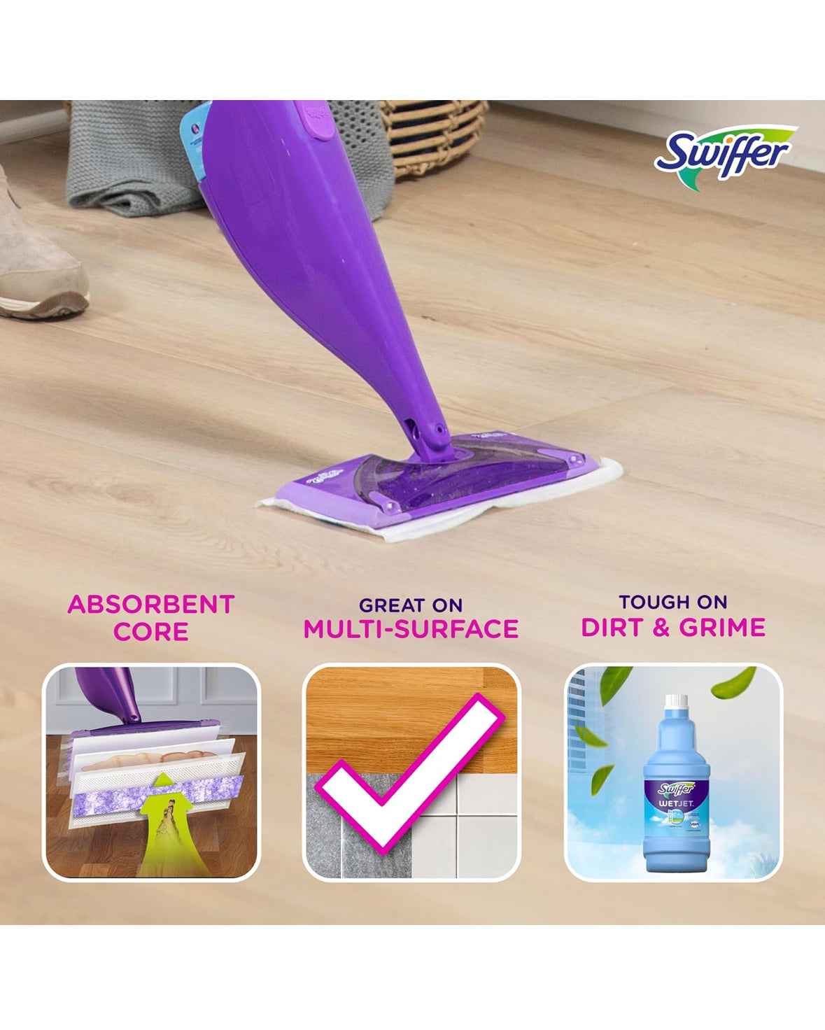 Swiffer Wet Jet Mop Cleaning Pads Refill, Floor Cleaner for Mopping Wood, Laminate, Tile in Home, Bathroom, Kitchen, All Purpose Multi-Surface Spray Mop Pad for Floor Cleaning, 24ct