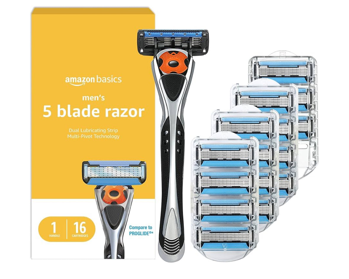 Amazon Basics 5-Blade MotionSphere Razor for Men with Dual Lubrication and Precision Trimmer, Handle & 16 Cartridges, Cartridges fit, Razor Handles only, 17 Piece Set, Black