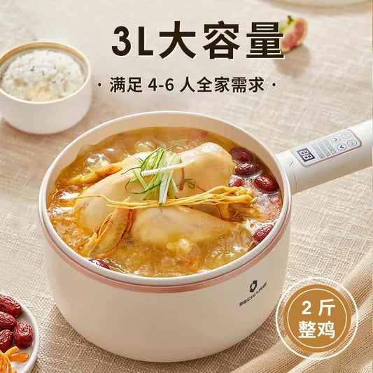 BECWARE 3L大容量智能电煮锅到货啦，摩动出品，品质保证，陶瓷釉内胆，煎炸烹煮都不粘，还可以一家人涮火锅，智能温控调节，方便安全，手柄插电，清洗安全防止电路进水，不锈钢蒸屉，更经久耐用，各位亲们订起来