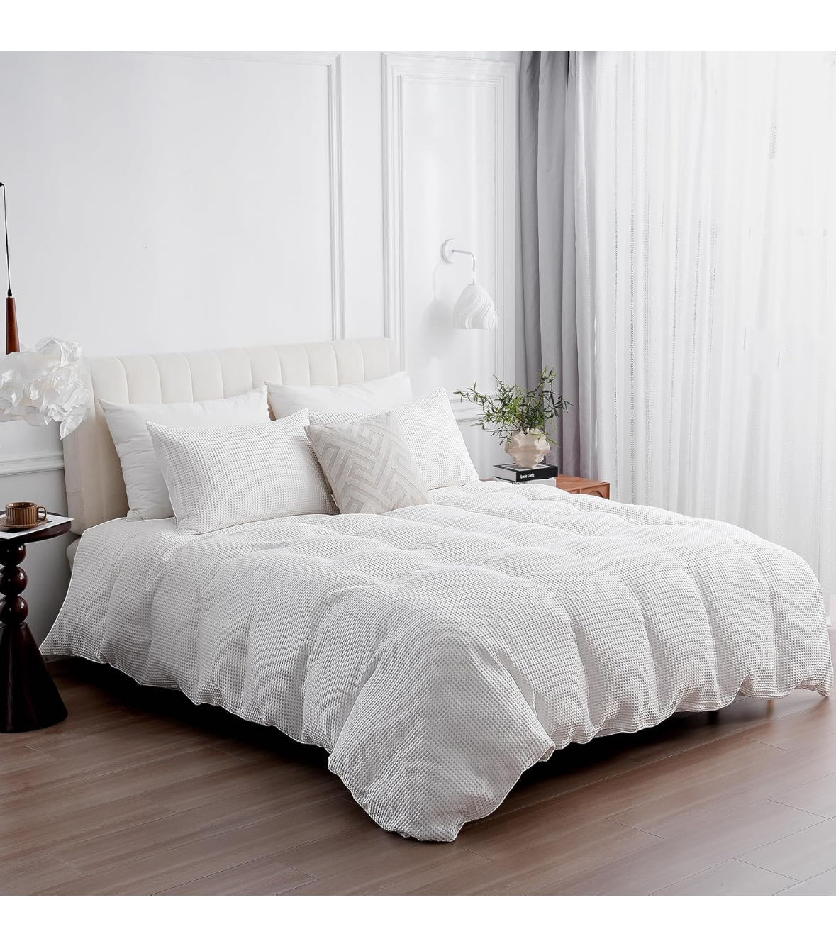 ATsense Duvet Cover Queen Size, 100% Cotton White Waffle Weave Duvet Cover 90x90 Inches with Zipper Closure and 2 Pillowcases, Super Soft and Breathable Comforter Cover Set for All-Season